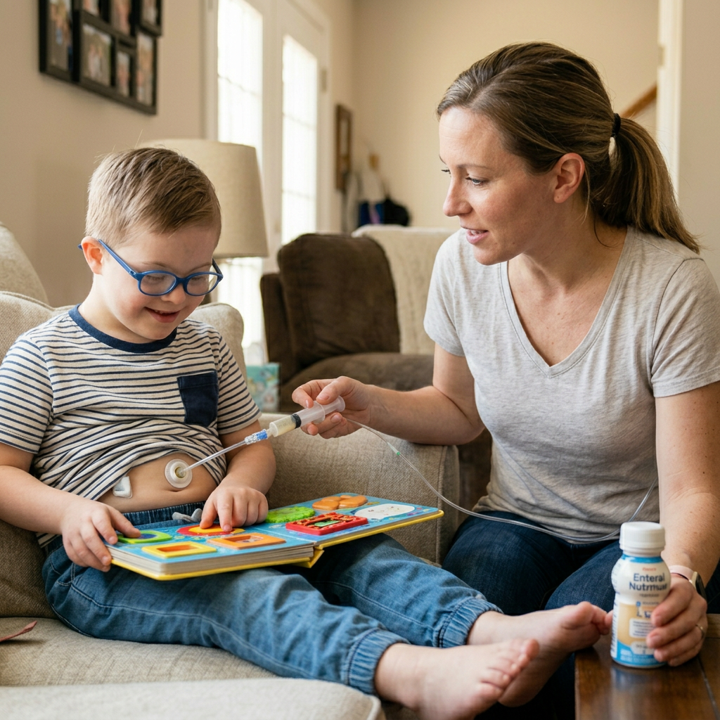 Child with feeding tube and medical pump receiving nutrition with mother's assistance